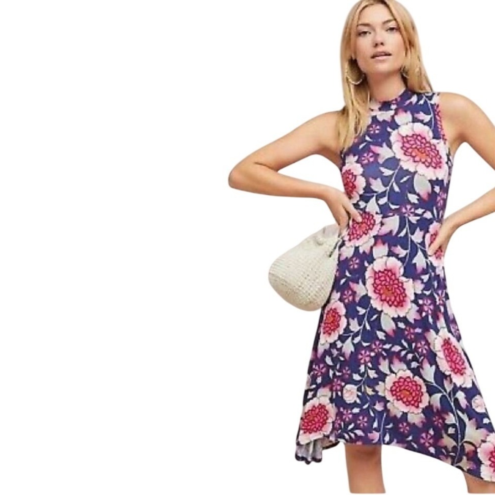 Maeve Anthropologie Floral Mock Neck Sleeveless A-Line Dress Navy‎ Pink XS